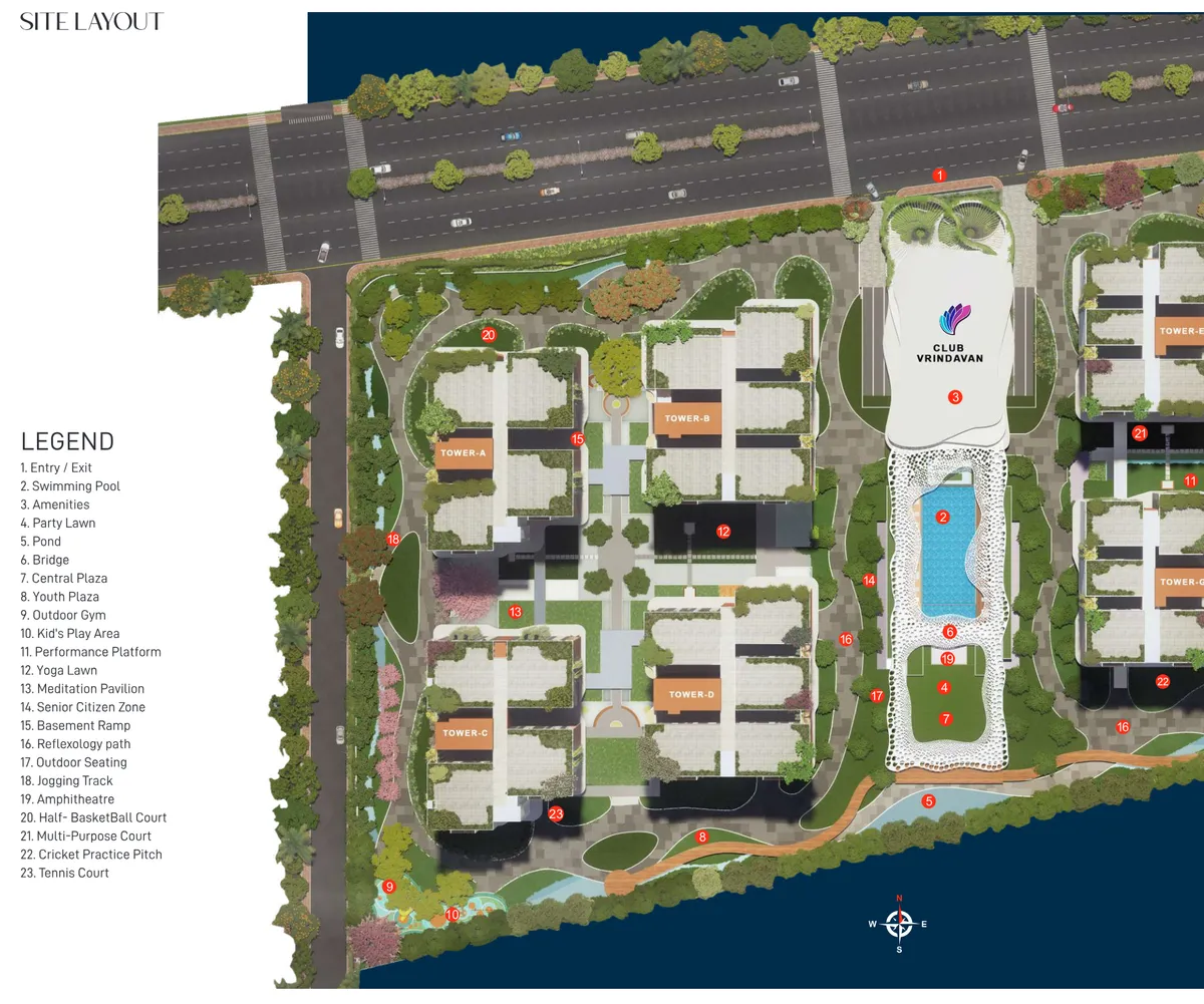 Amenities master plan of Vrindavan Greenlife showing tower positions, courtyard, clubhouse and amenity zones across 9.5 acres