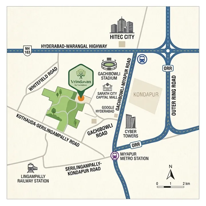 Location map of Vrindavan Greenlife in Kondapur, Hyderabad